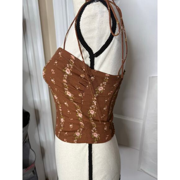Reformation Top Crop Tank Square Neck Cami Tie Strap Brown Floral Ruched Side 0 - Picture 6 of 9